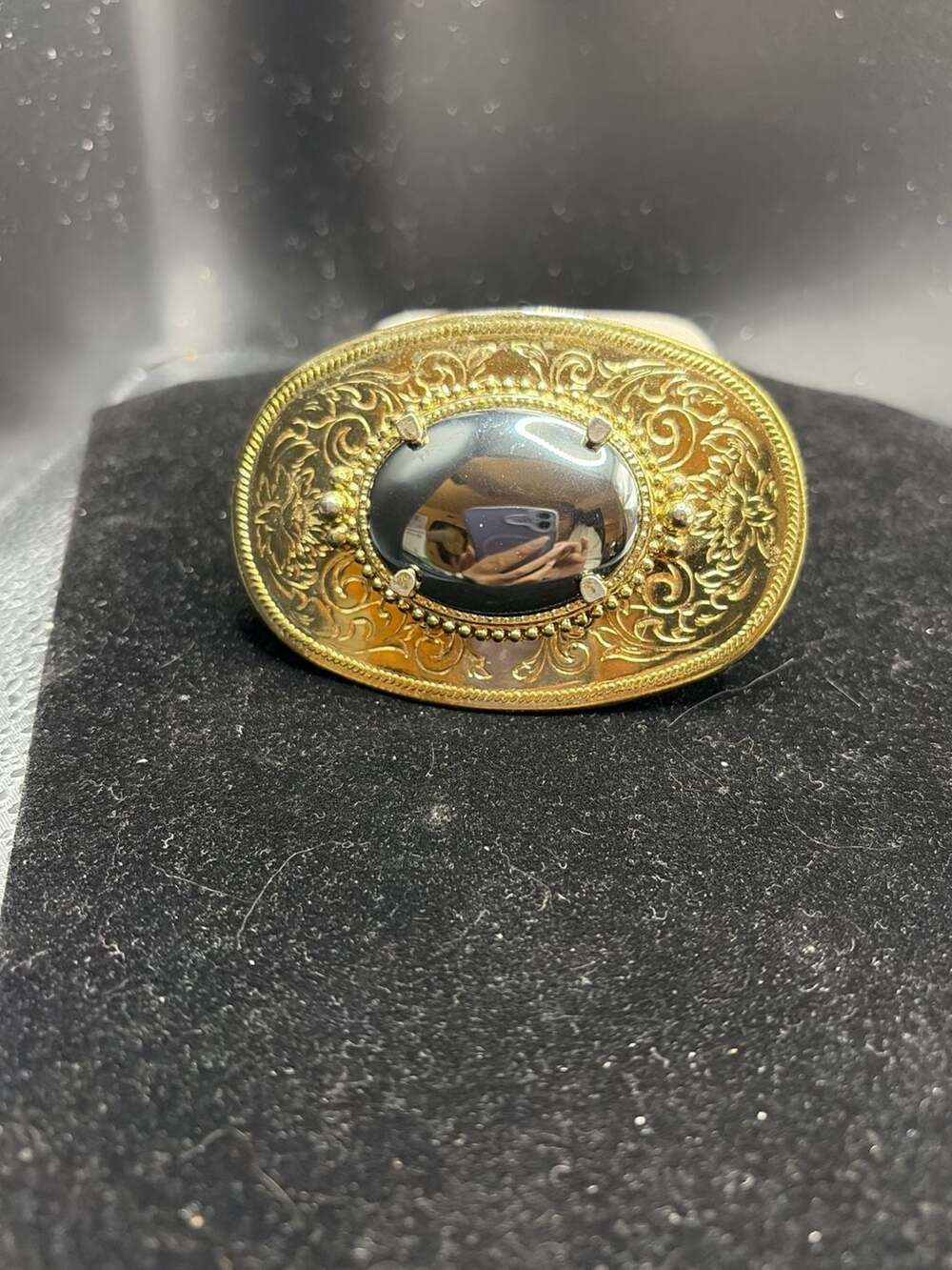 Vintage Gold Tone Floral  Western Oval Belt Buckle with Black Stone Made in USA